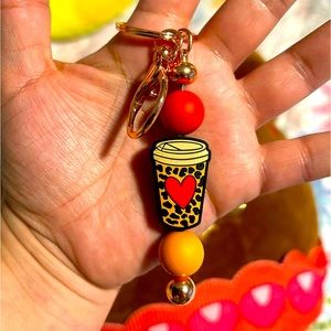 Coffee red heart key chain rose gold tone soft beads